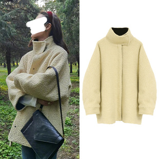 [现货]刘雯同款中长款羊毛外套时尚洋气轻奢立领羊圈毛呢大衣女冬