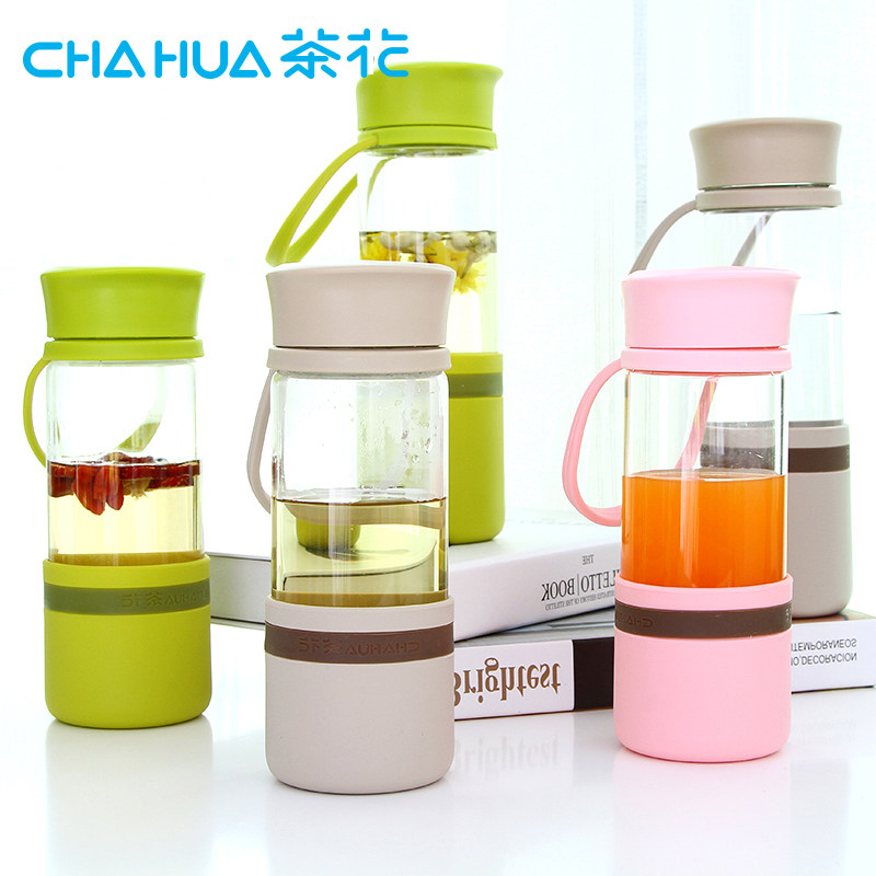 茶花水杯玻璃杯子便携密封有盖防漏办公室泡茶杯学生运动水杯