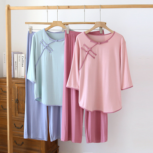 莫代尔睡衣带胸垫女新中式国风古风家居服春夏套头免文胸休闲套装