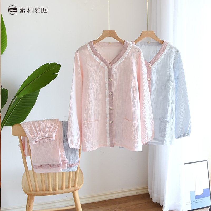 女纯棉双层棉纱睡衣透气吸汗宽松