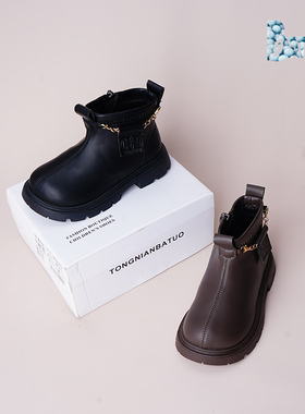 巴托童鞋 冬季 保暖女童短靴韩版薄绒 潮鞋棉鞋铆钉靴子29011