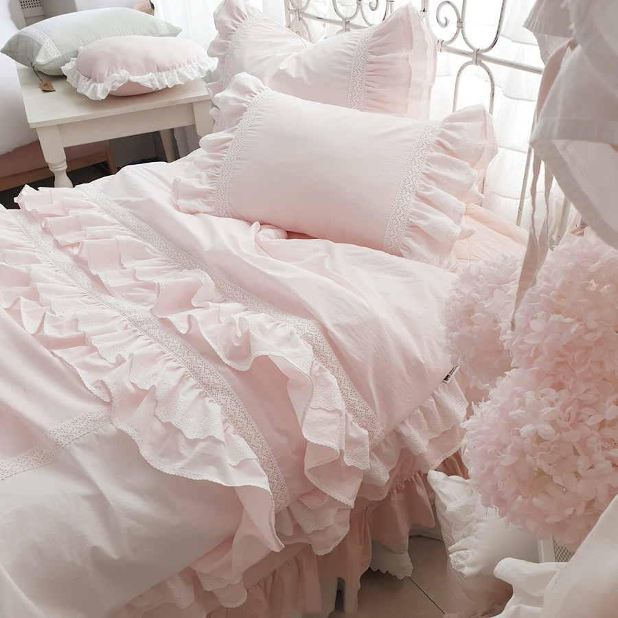 韩式少女心淡粉色全棉蕾丝荷叶边甜美纯色公主四件套床上床品套件
