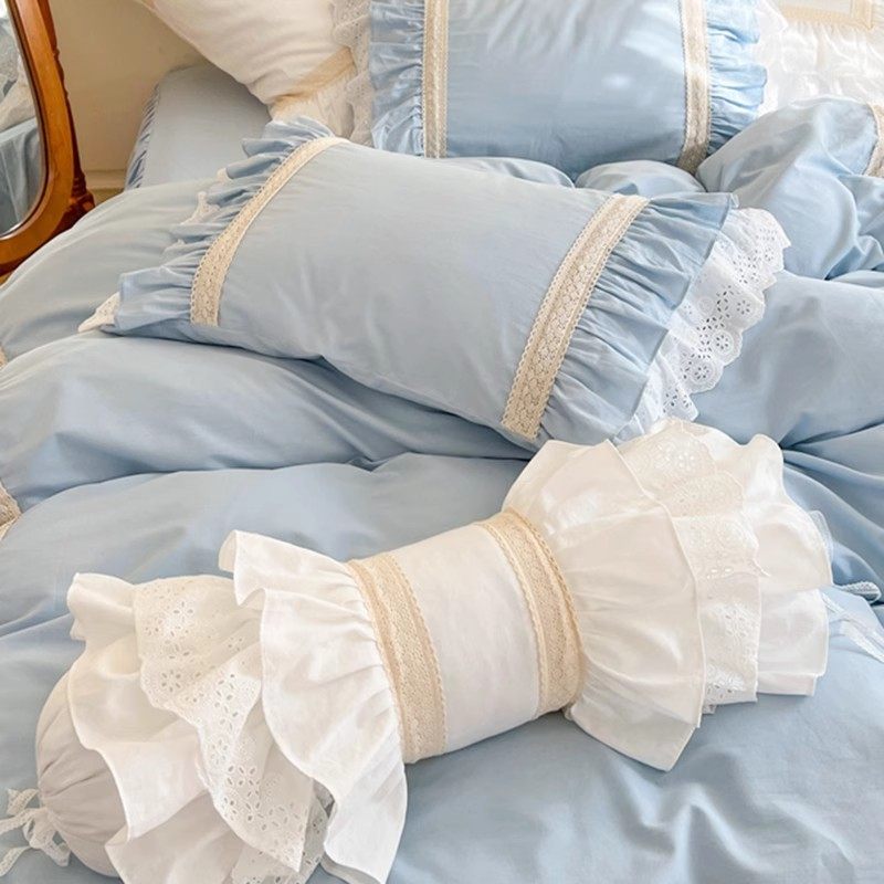 糖果抱枕 韩式纯色百搭荷叶边蕾丝纯棉糖果枕头圆柱含芯