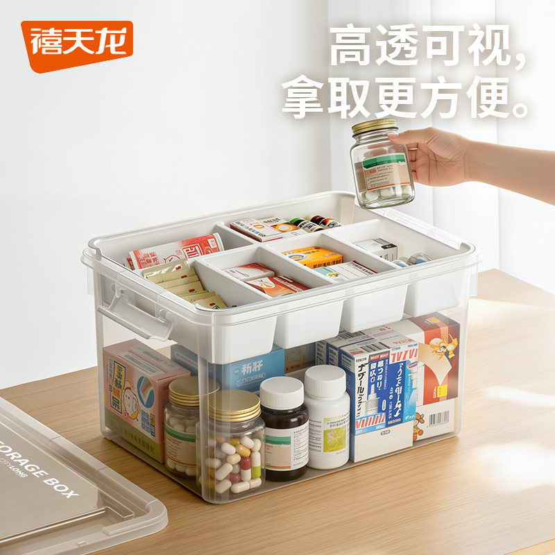 禧天龙药箱透明分层医药箱家用药物收纳盒药品手提收纳箱医疗箱
