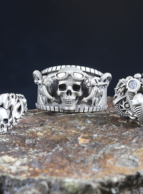 机车机械骷髅头浮雕定制925银指