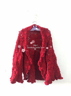 纯手工编织羊毛混纺钩花拼接花荷叶花边大红色披肩长袖外套