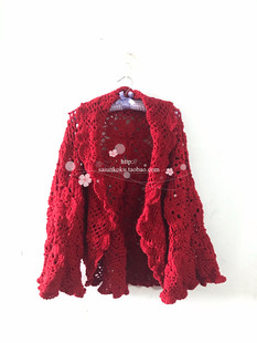 纯手工编织羊毛混纺钩花拼接花荷叶花边大红色披肩长袖外套