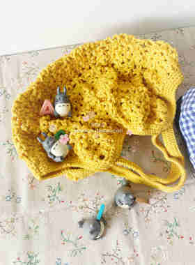 纯手工编织黄色羊毛毛线混纺钩花拼接花手提包收纳袋手拎包装饰包