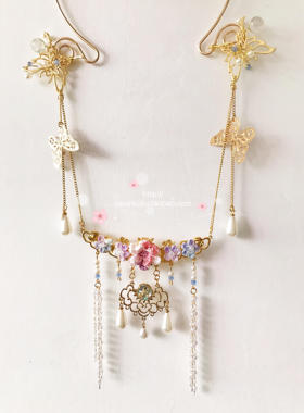 蕾丝线编织圆形蝴蝶流苏璎珞项圈