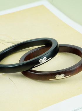 黑檀木镶银如意金箍咒方手镯紫光檀国风情侣款紧箍木镯子手饰品