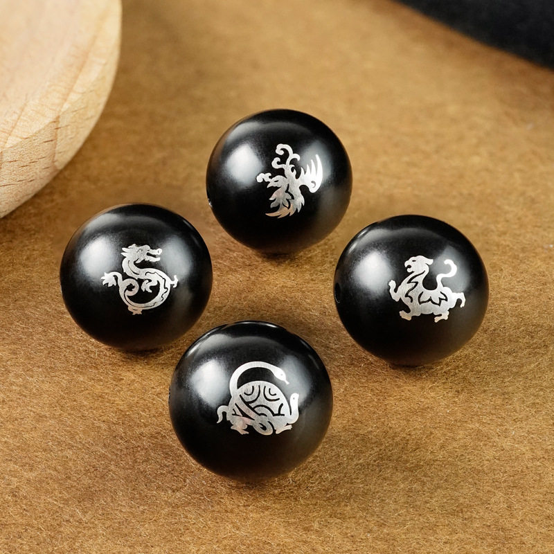 黑檀木镶银四象佛珠散珠紫光檀镶嵌青龙白虎朱雀玄武手串饰品配件