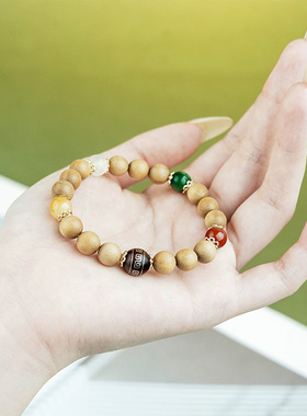 老山檀香木镶银回纹手串檀木高品质真货小叶紫檀四叶草国风手链