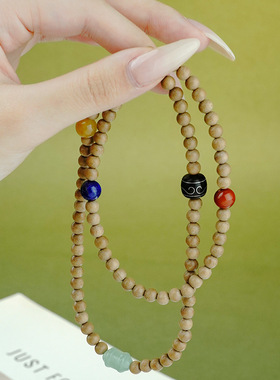 老山檀香手串108颗印度老山回纹珠配珠木镶银佛珠手链女蜜蜡配珠