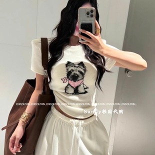 短袖 韩国代购 显瘦垫肩圆领性感狗狗短款 时尚 T恤女 INS博主25冬新