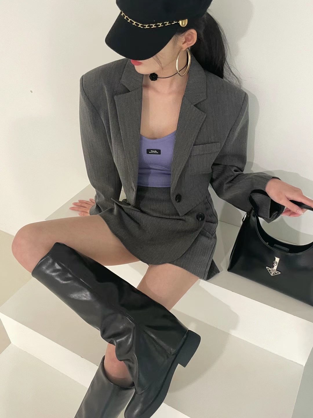 Sundy韩国东大门代购23早秋 帅气干练短款垫肩西装外套+短裙裤女