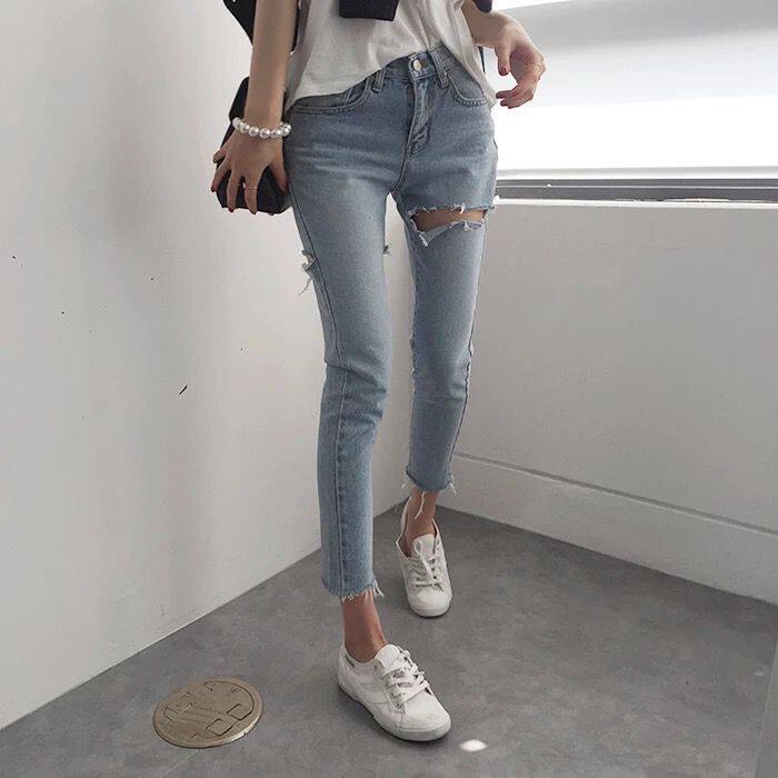 sundy韩国正品代购x2 小性感高腰水洗蓝前后破洞毛边显瘦牛仔裤