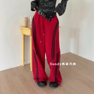 长裤 直邮韩国东大门代购 高腰直筒拼色显瘦休闲裤 时尚 女 INS25秋新