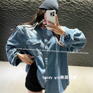 翻领纯色单排扣水洗显瘦牛仔衬衫 时尚 INS博主25秋新 直邮韩国代购