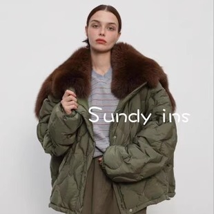 奢华超大披肩狐狸毛领白鸭绒短羽绒服女 时尚 韩国东大门代购 24冬