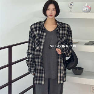 衬衫 直邮韩国代购 翻领垫肩格子宽松显瘦长袖 时尚 女 INS博主25秋新