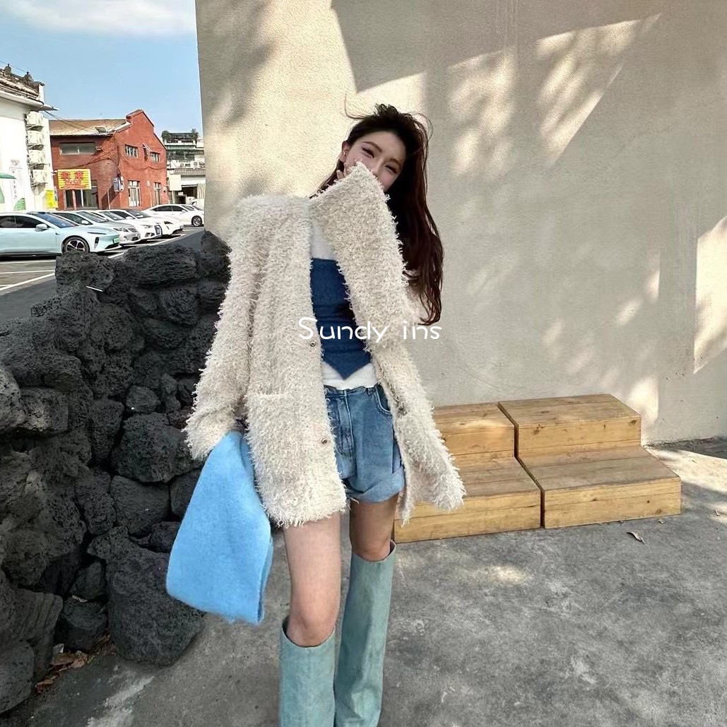 韩国东大门代购 24冬新款 大小姐气质纯色宽松厚实垫肩毛绒绒外套