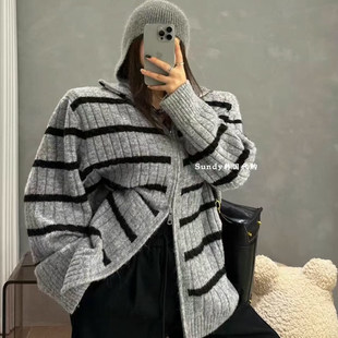 针织开衫 甜美条纹宽松轻奢显瘦长袖 女 INS博主25冬新 直邮韩国代购