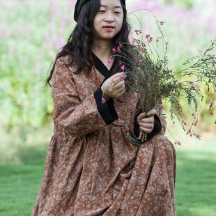 念旧原创 复古纯棉磨毛印花袍子女双层旅行风连衣裙 1003D