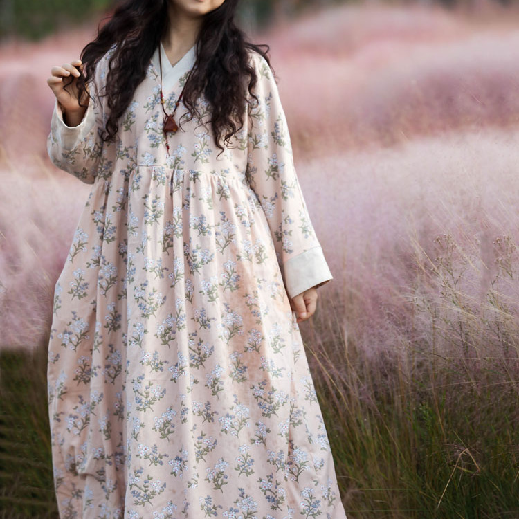 念旧原创/1021E 文艺纯棉磨毛印花加绒袍子女碎花加厚连衣裙