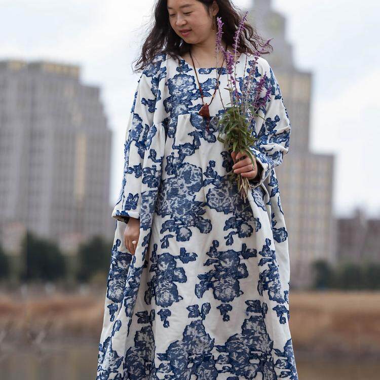 念旧原创/青花 复古亚麻青花玫瑰花宽松袍子女高抹胸加衬连衣裙
