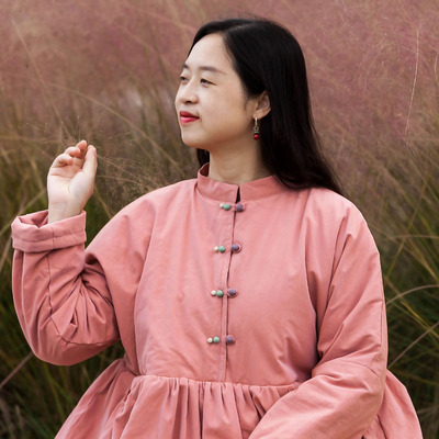 文艺大摆裙高密精梳棉纯色彩扣