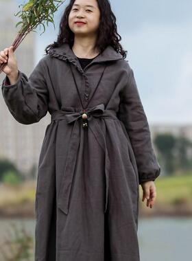 念旧原创/1210E 复古汗麻纯色加新雪丽棉袍女气质翻领厚连衣裙