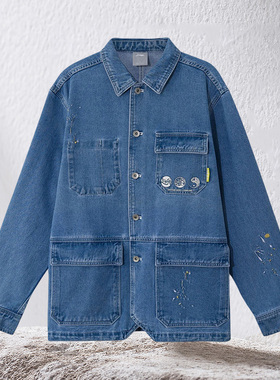 李宁正品牛仔外套男新款滑板系列开衫长袖翻领宽松运动服AJDR379