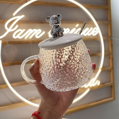 简约纯色带盖简约小熊马克杯办公室咖啡杯定制LOGO广告杯锤纹