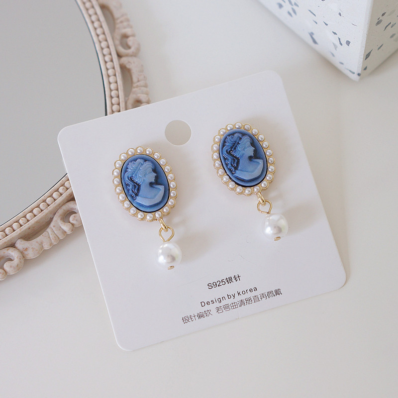 法式复古宫廷风美人头像珍珠巴洛克耳环蓝色椭圆耳钉耳夹耳饰女