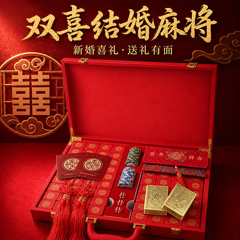 麻将新婚礼物手搓家用大号双喜字麻将牌结婚礼品定制订婚高端麻将