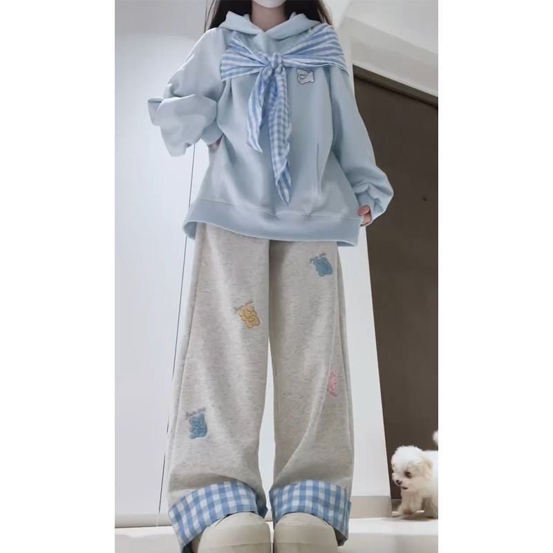 2025秋冬新款拼接格子连帽卫衣女甜美搭配刺绣宽松休闲裤两件套装,女装/女士精品,时尚套装,淘宝优惠券,粉丝福利购,淘宝优惠卷