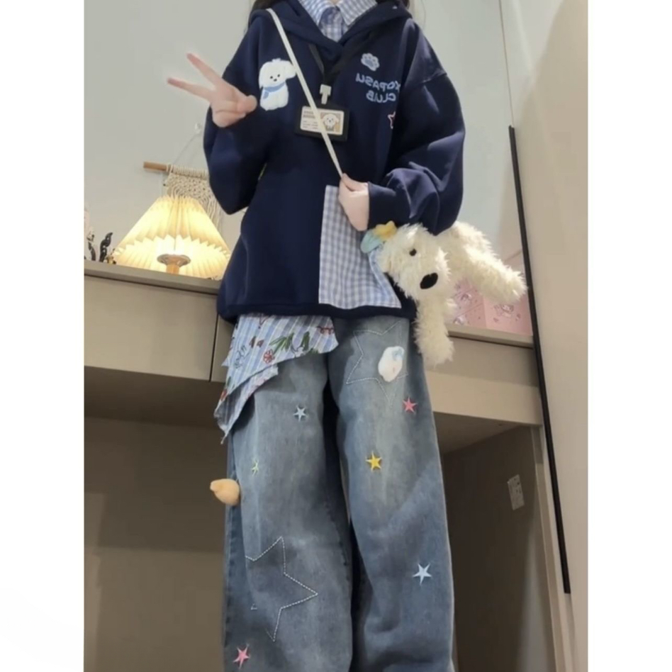 盐系学院风套装美式慵懒格纹假两件连帽卫衣方巾阔腿牛仔裤两件套,女装/女士精品,时尚套装,淘宝优惠券,粉丝福利购,淘宝优惠卷