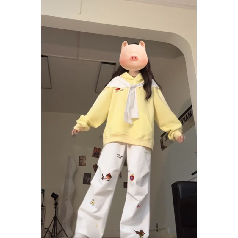 盐系学院风套装可爱KT小猫披肩连帽卫衣外套刺绣小狗阔腿裤两件套