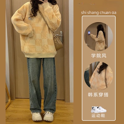 冬季赫本风加绒毛衣女森系温柔风穿搭圆领针织衫潮复古牛仔裤套装