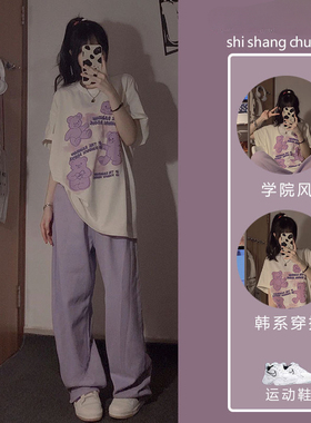 紫色小熊印花短袖t恤女夏季新款森女系bf学院风软妹穿搭学生上衣