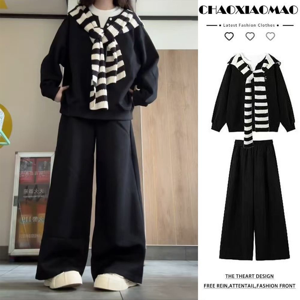 套装女秋季连帽披肩女学生风假两件卫衣+宽松阔腿裤穿搭三件套潮,女装/女士精品,时尚套装,淘宝优惠券,粉丝福利购,淘宝优惠卷