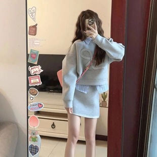 卫衣条纹衬衫 秋冬新款 长袖 三件套设计感叠穿短款 花边半身裙女 时尚