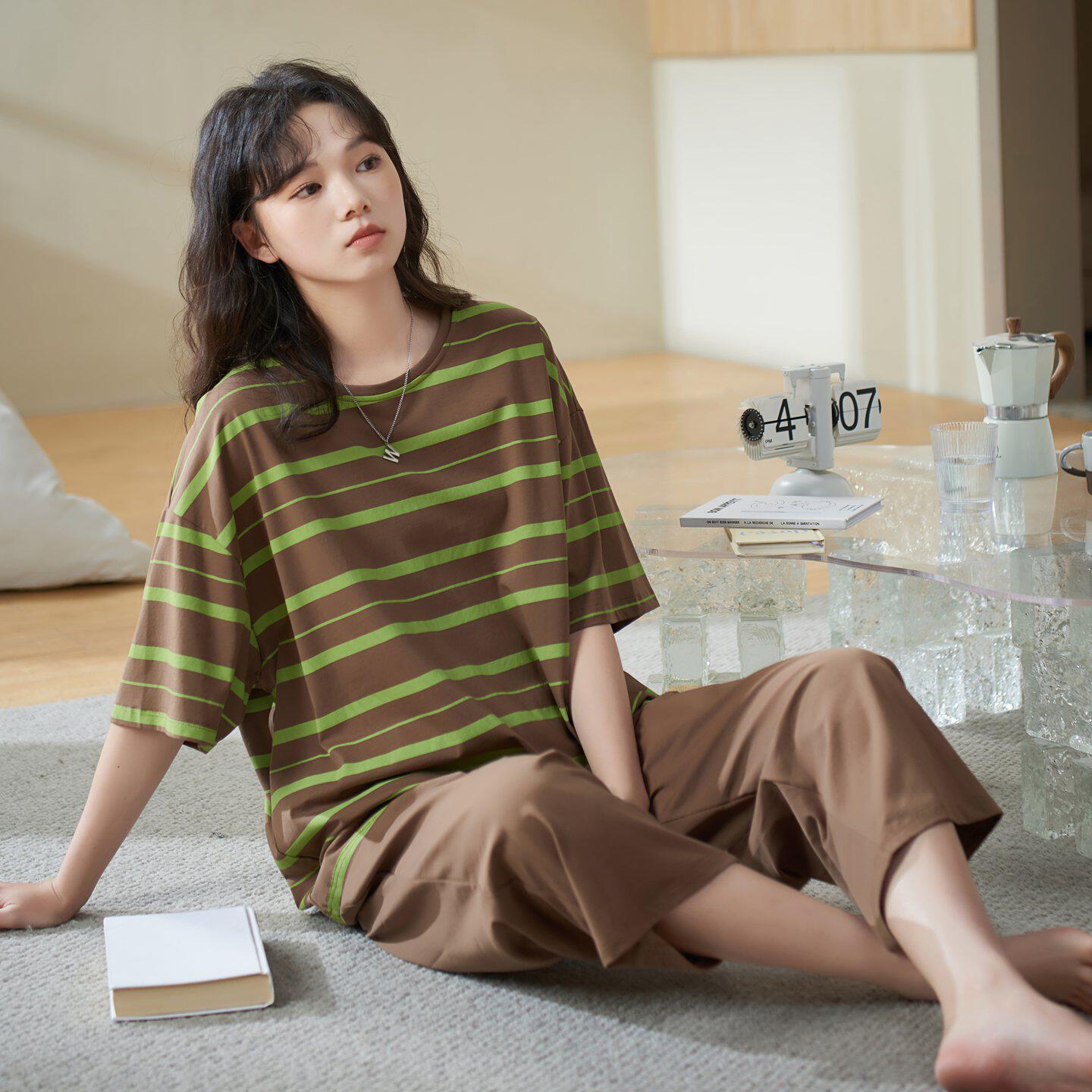 高档纯棉睡衣女春秋夏季短袖八分裤薄款套装休闲宽松可外穿家居服