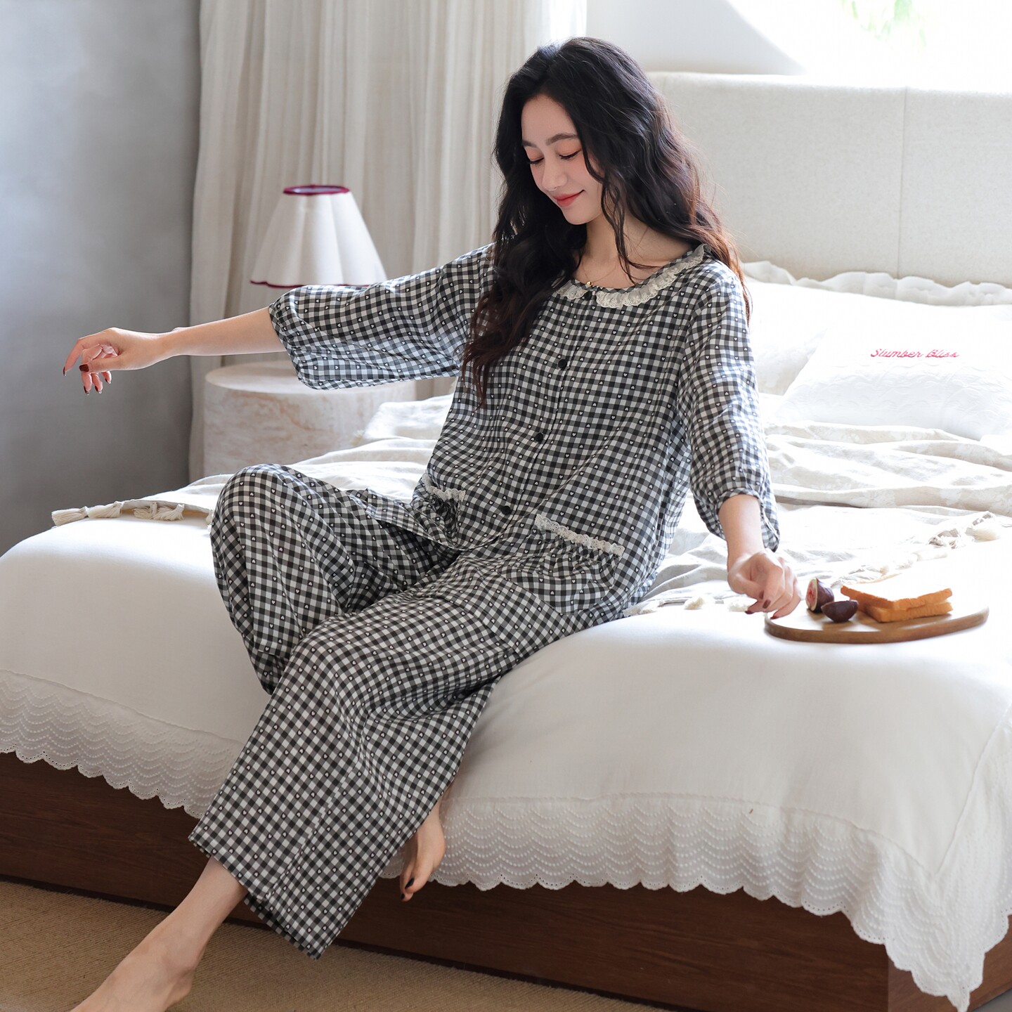 莱赛尔睡衣女春秋季薄款2026夏季新款七分袖长裤家居服格子套装