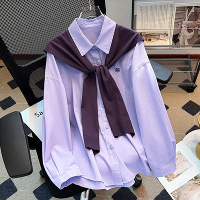 紫色长袖衬衫外套加披肩两件套女