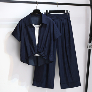 今年流行爆款天丝牛仔衬衫吊带九分阔腿裤三件套女薄款2025夏装新