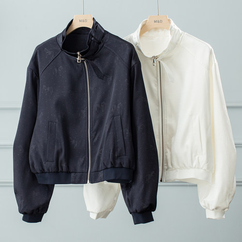 藏青色醋酸缎面立领棒球服短外套