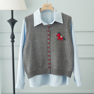 韩系chic无袖针织马甲叠穿长袖衬衫女2026春新款独特漂亮两件套装