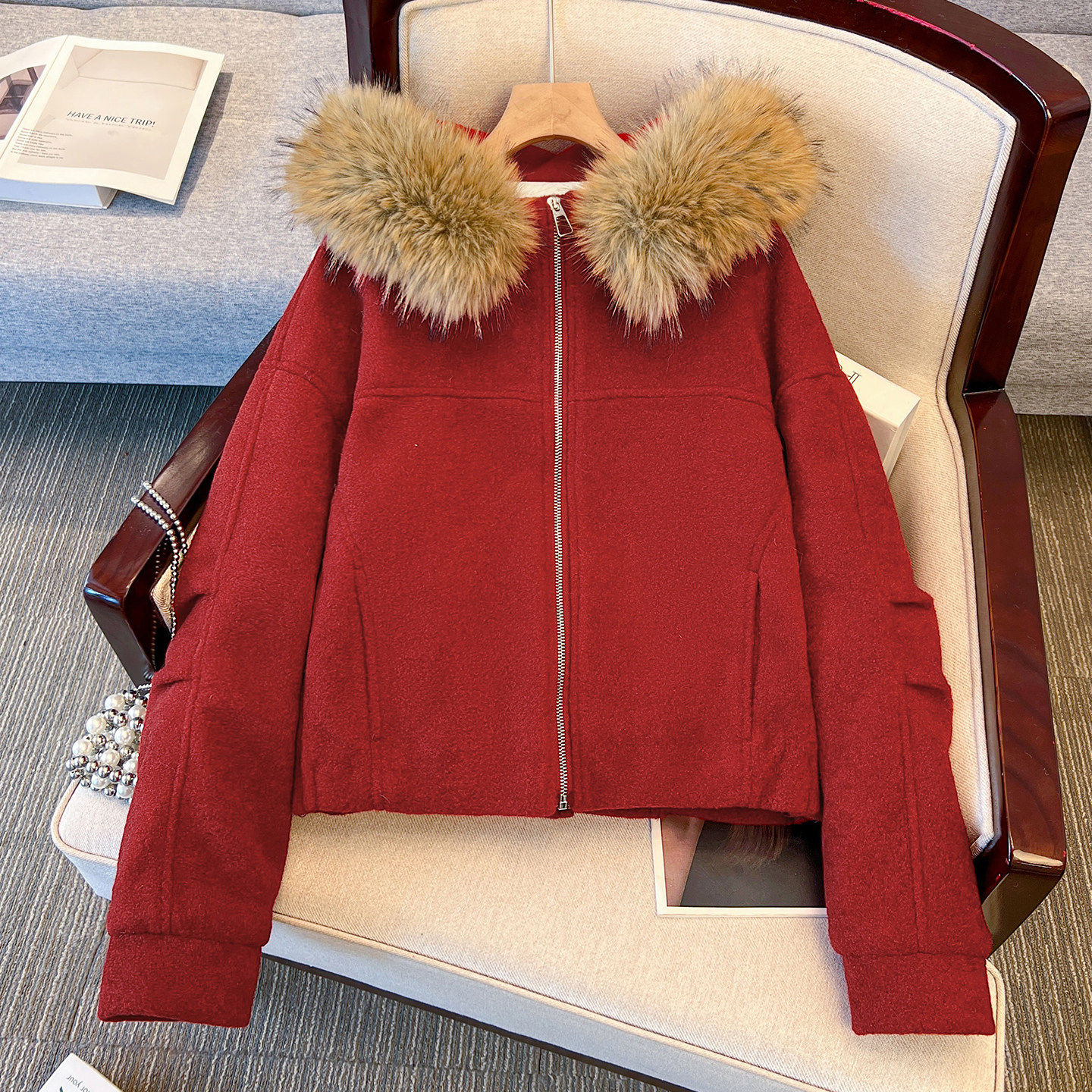 爆款本命年红色连帽毛领羽绒服内胆毛呢外套女短款2025冬季新大衣,女装/女士精品,羽绒服,淘宝优惠券,粉丝福利购,淘宝优惠卷