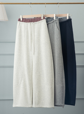 浅灰色格子拼接阔腿弯刀卫裤女2026春新款休闲宽松慵懒风直筒裤子